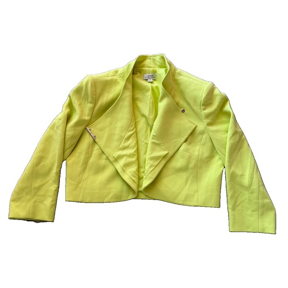 Tahari Arthur S Levine Womens Cropped Bolero Jacket Sz14 Lime Green Asymmetrical